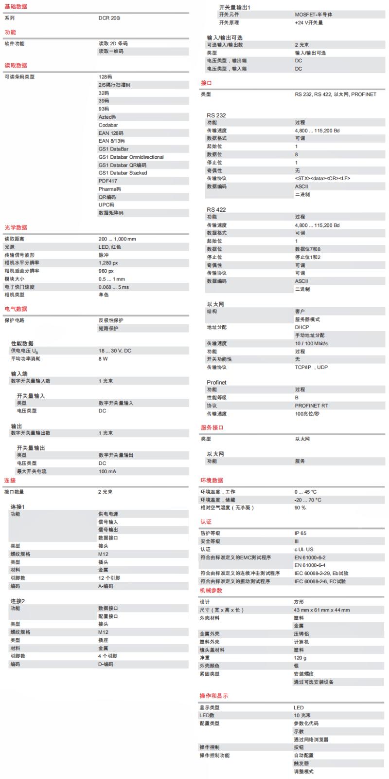 DCR 202i FIX-L2-102-R3 條碼閱讀器的技術(shù)參數(shù)明細(xì)表